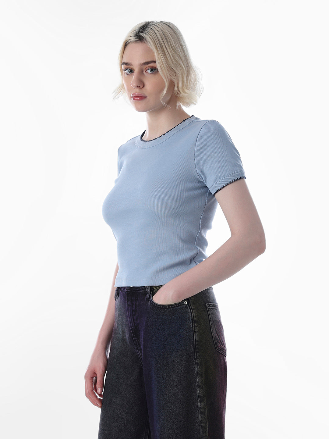 Blue Fitted Knit T-shirt
