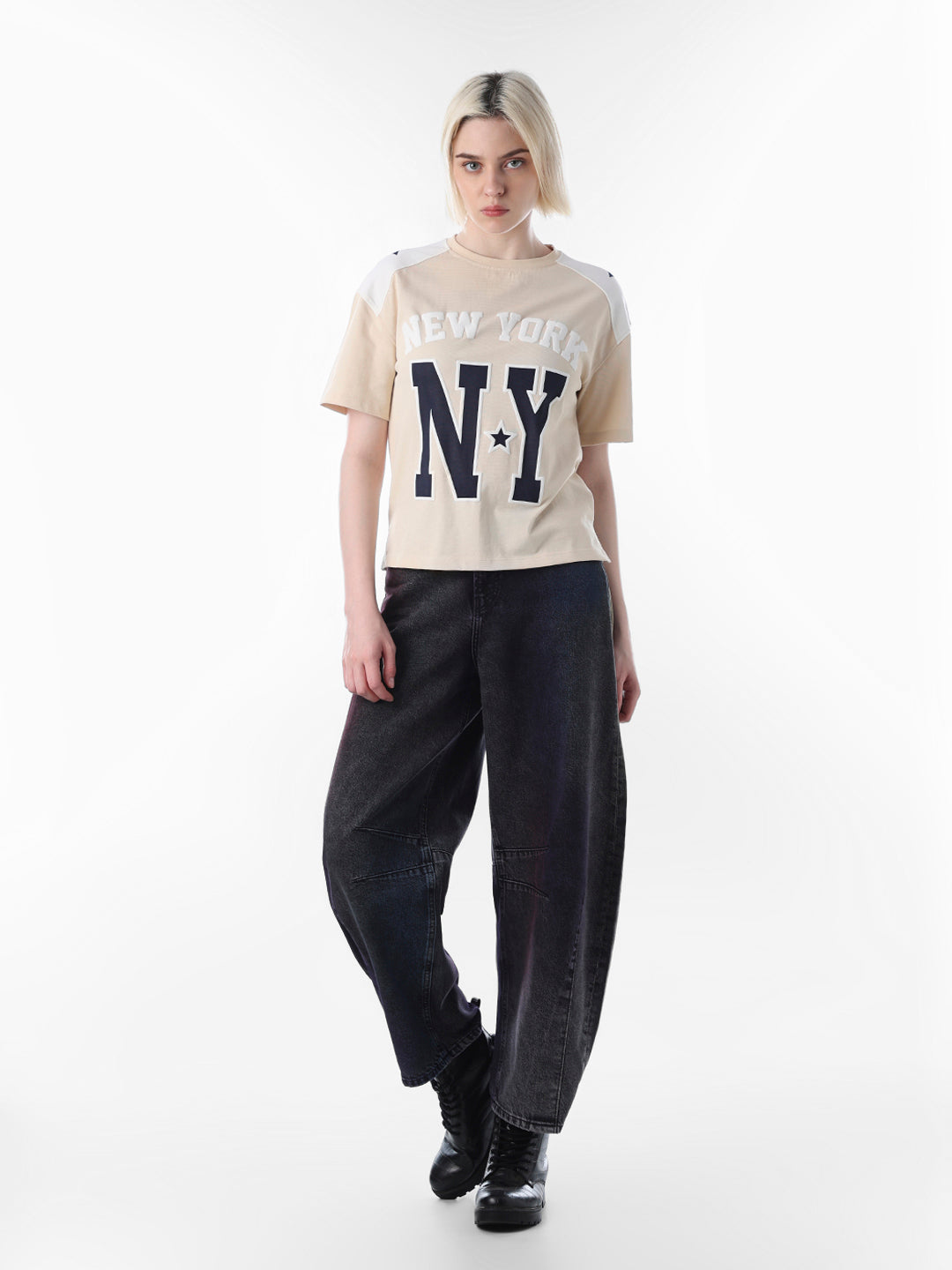 Beige Printed Cotton T-shirt