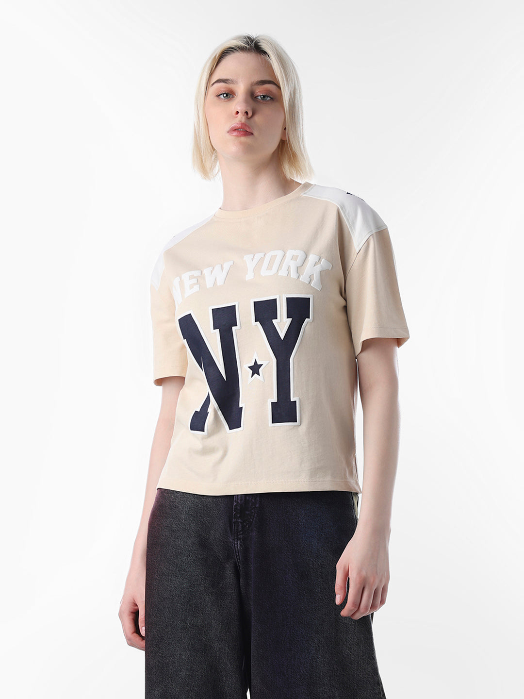 Beige Printed Cotton T-shirt