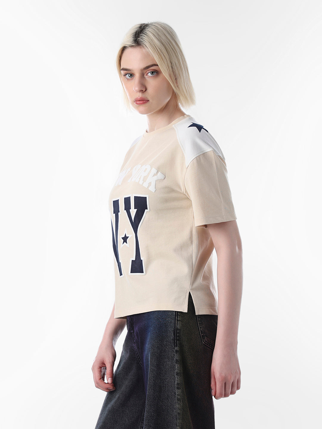 Beige Printed Cotton T-shirt