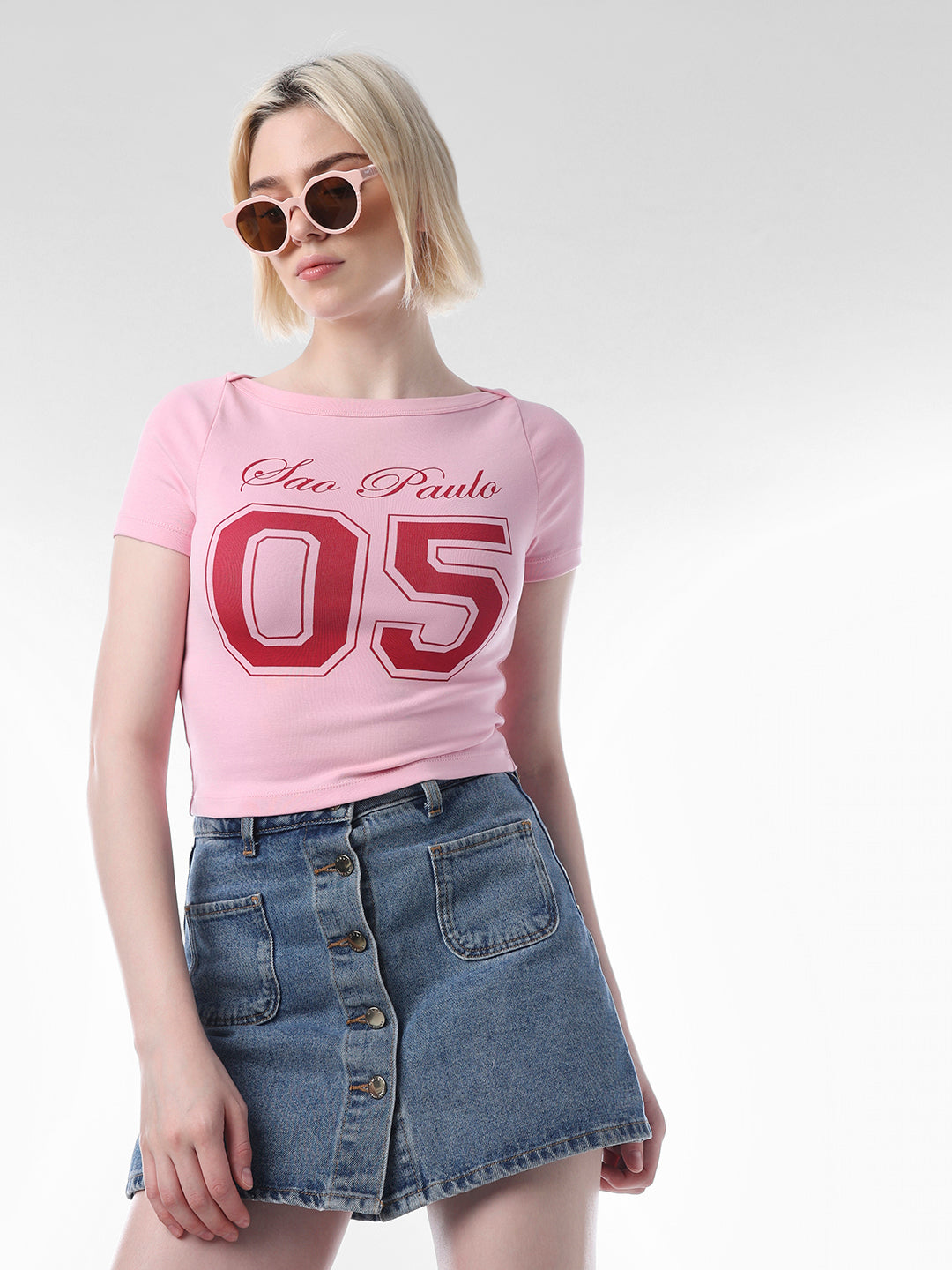 Pink Printed Fitted Cropped T-shirt