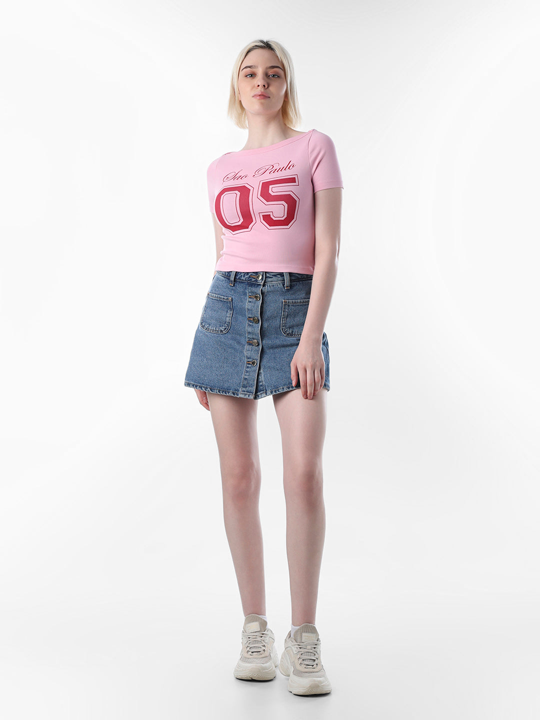 Pink Printed Fitted Cropped T-shirt