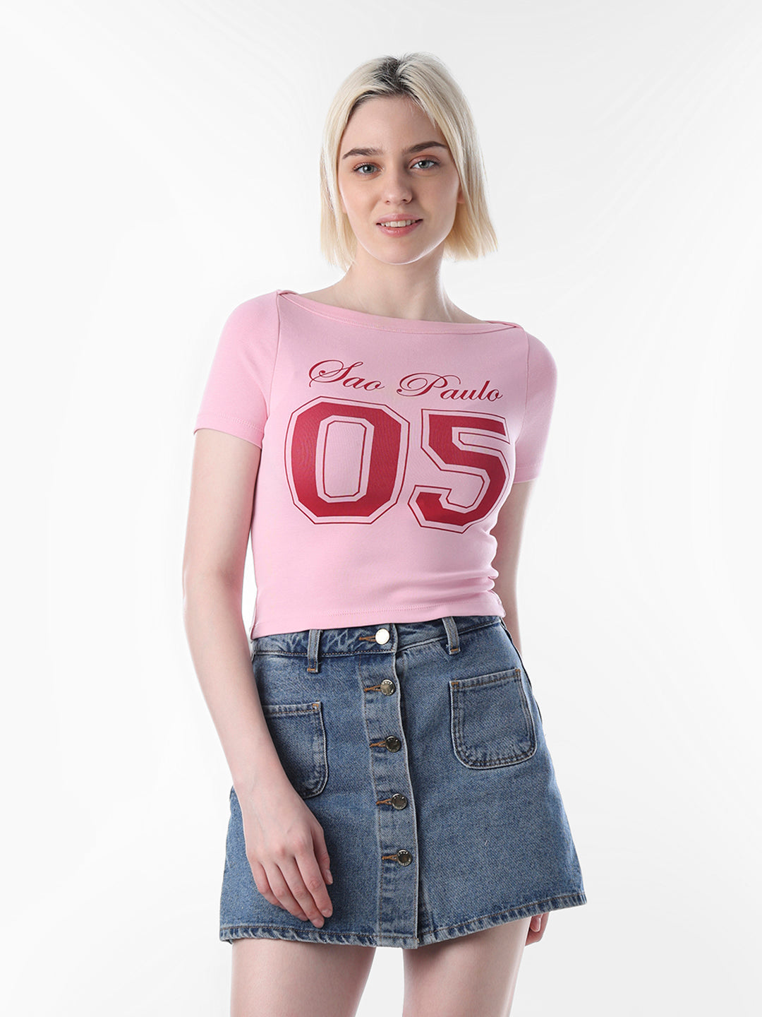 Pink Printed Fitted Cropped T-shirt