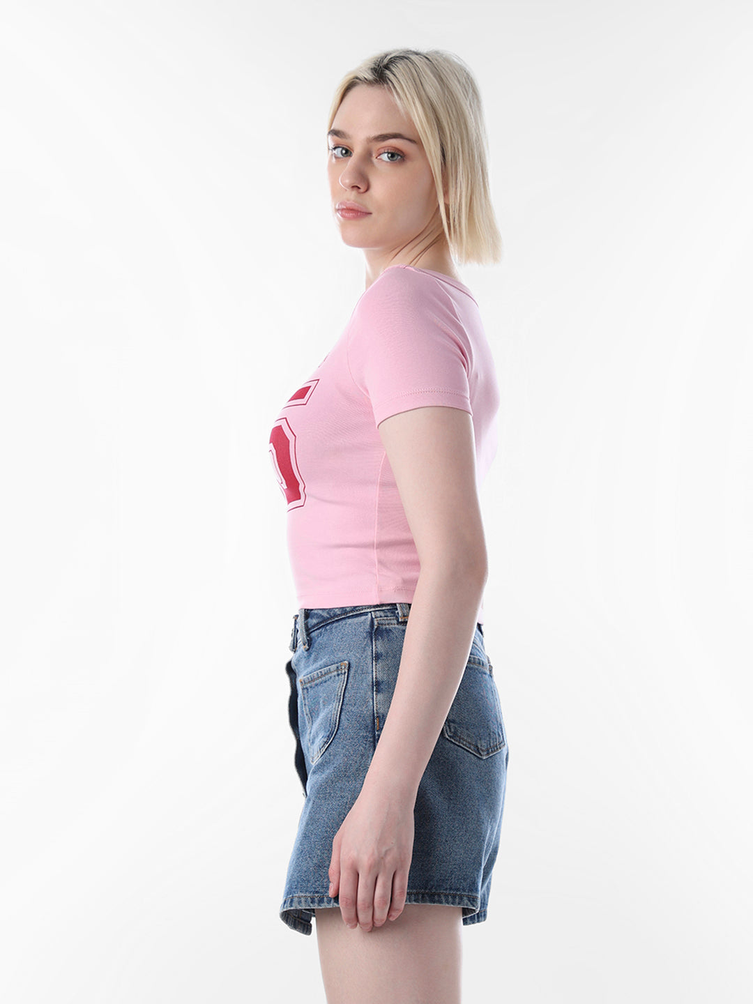 Pink Printed Fitted Cropped T-shirt
