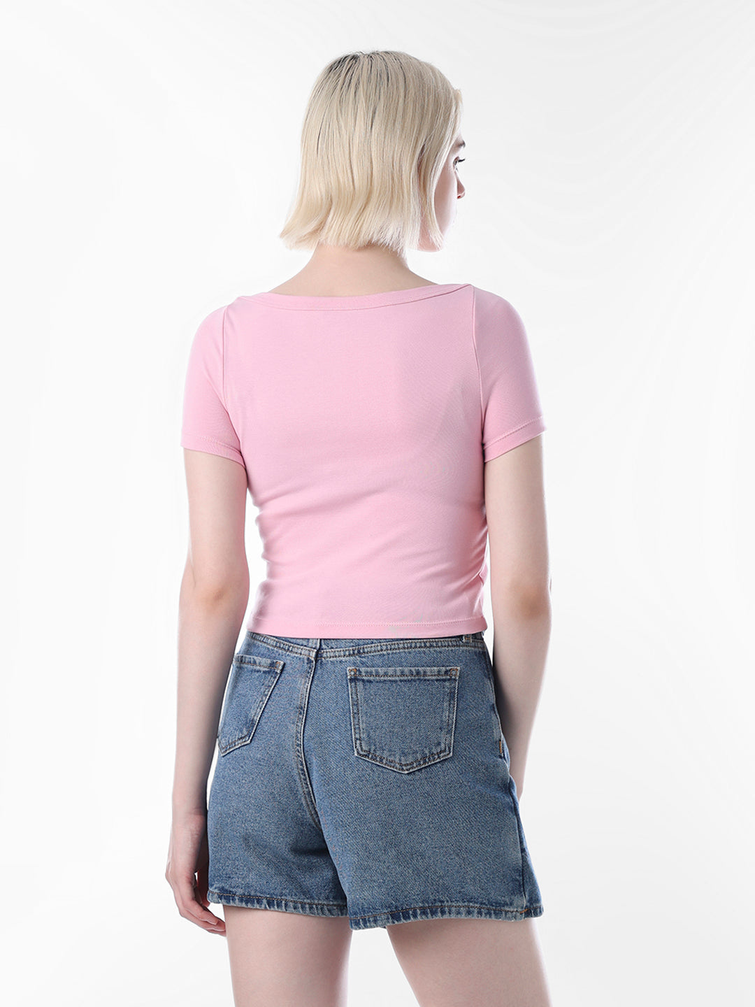 Pink Printed Fitted Cropped T-shirt