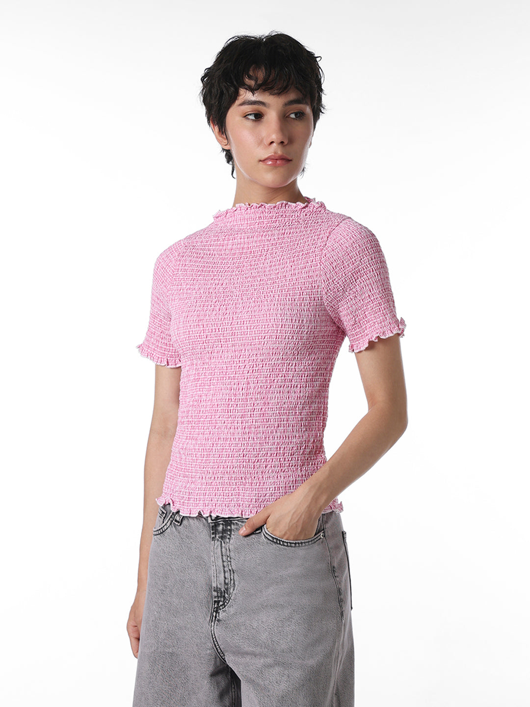 Pink Smocked Fitted Top