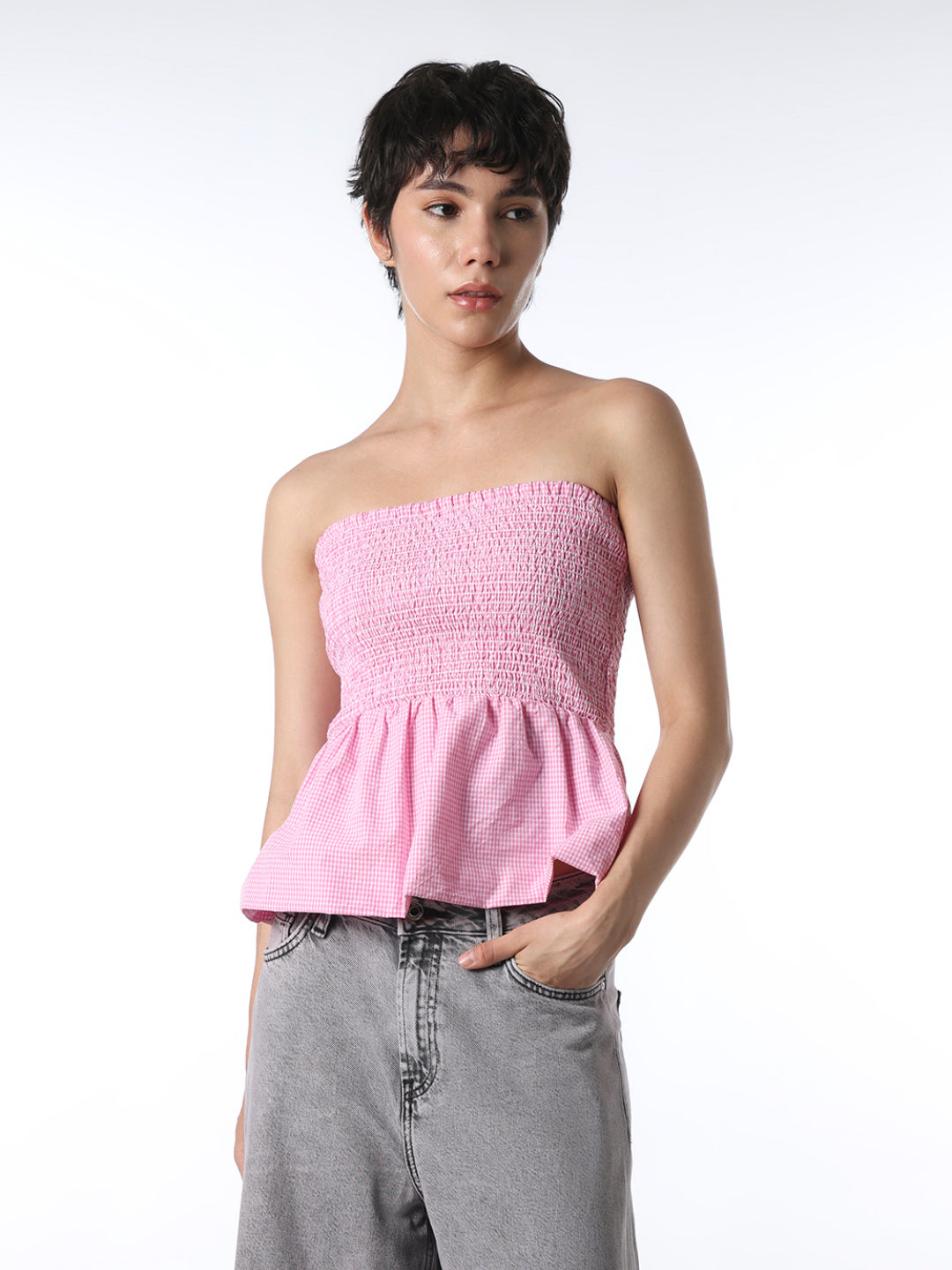 Pink Smocked Peplum Top
