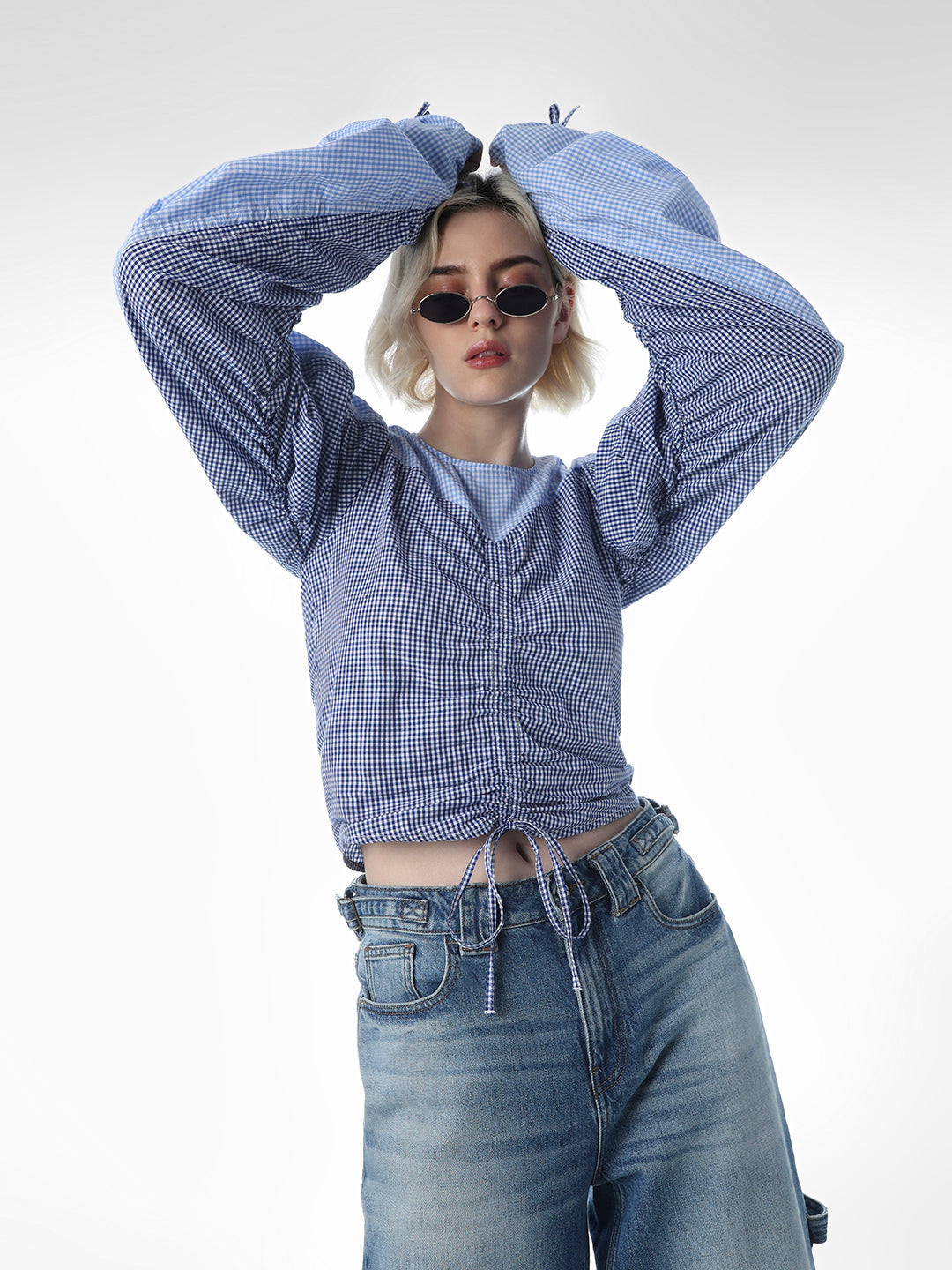 Blue Check Ruched Cotton Top