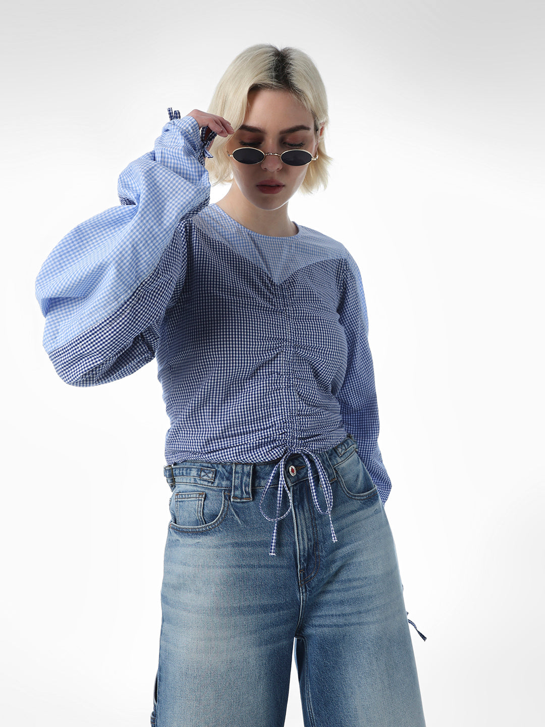 Blue Check Ruched Cotton Top