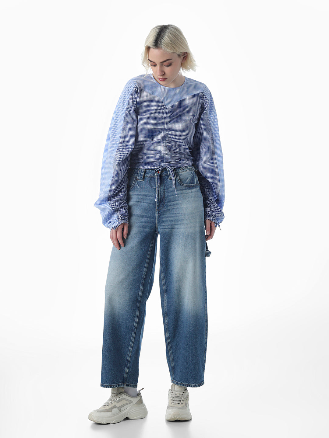 Blue Check Ruched Cotton Top