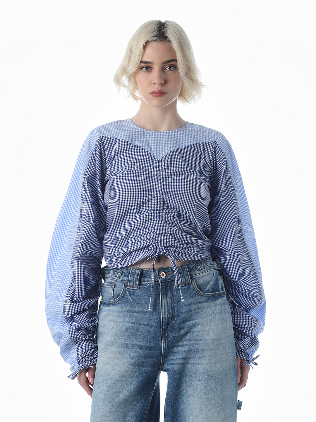 Blue Check Ruched Cotton Top