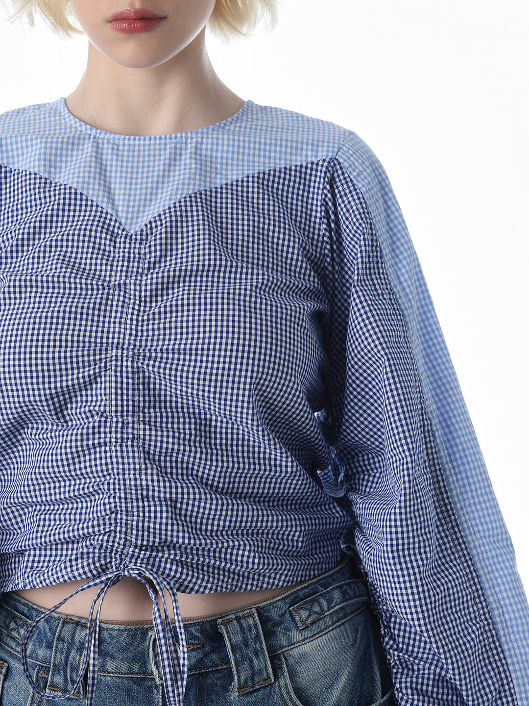 Blue Check Ruched Cotton Top