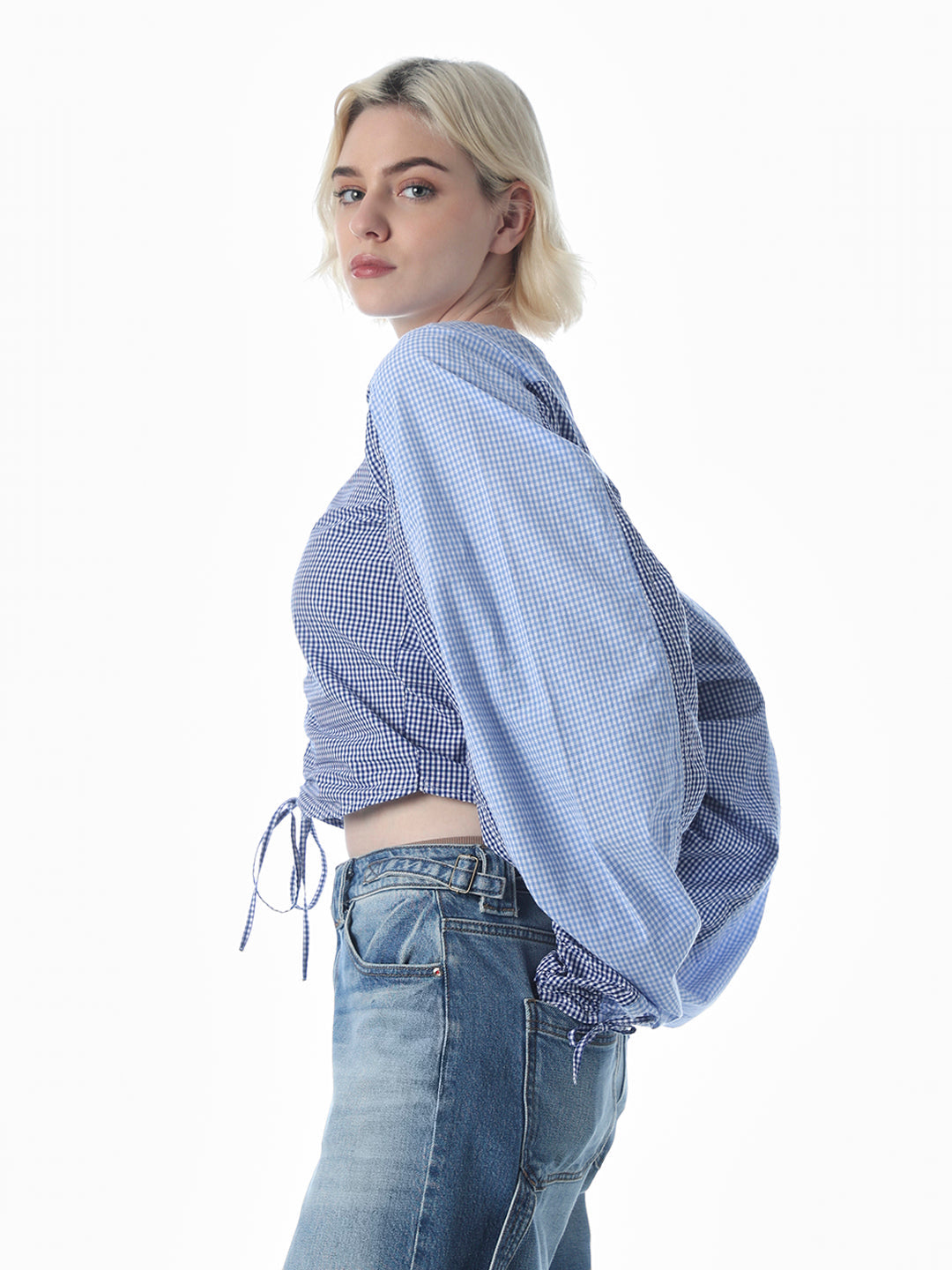 Blue Check Ruched Cotton Top