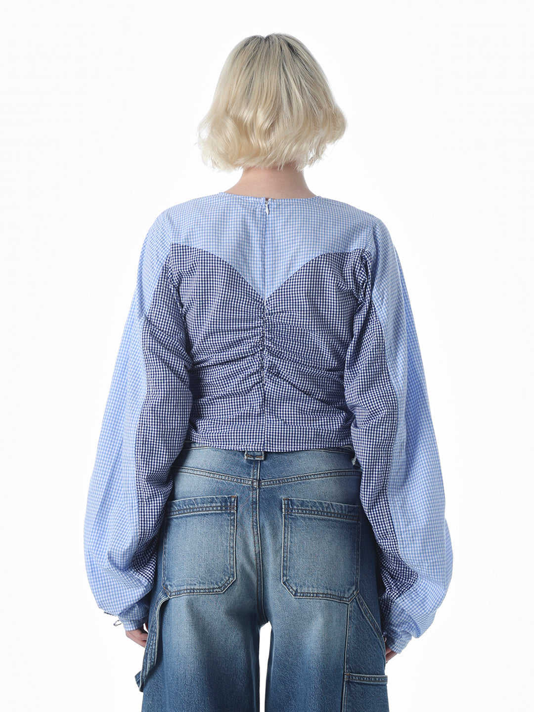 Blue Check Ruched Cotton Top