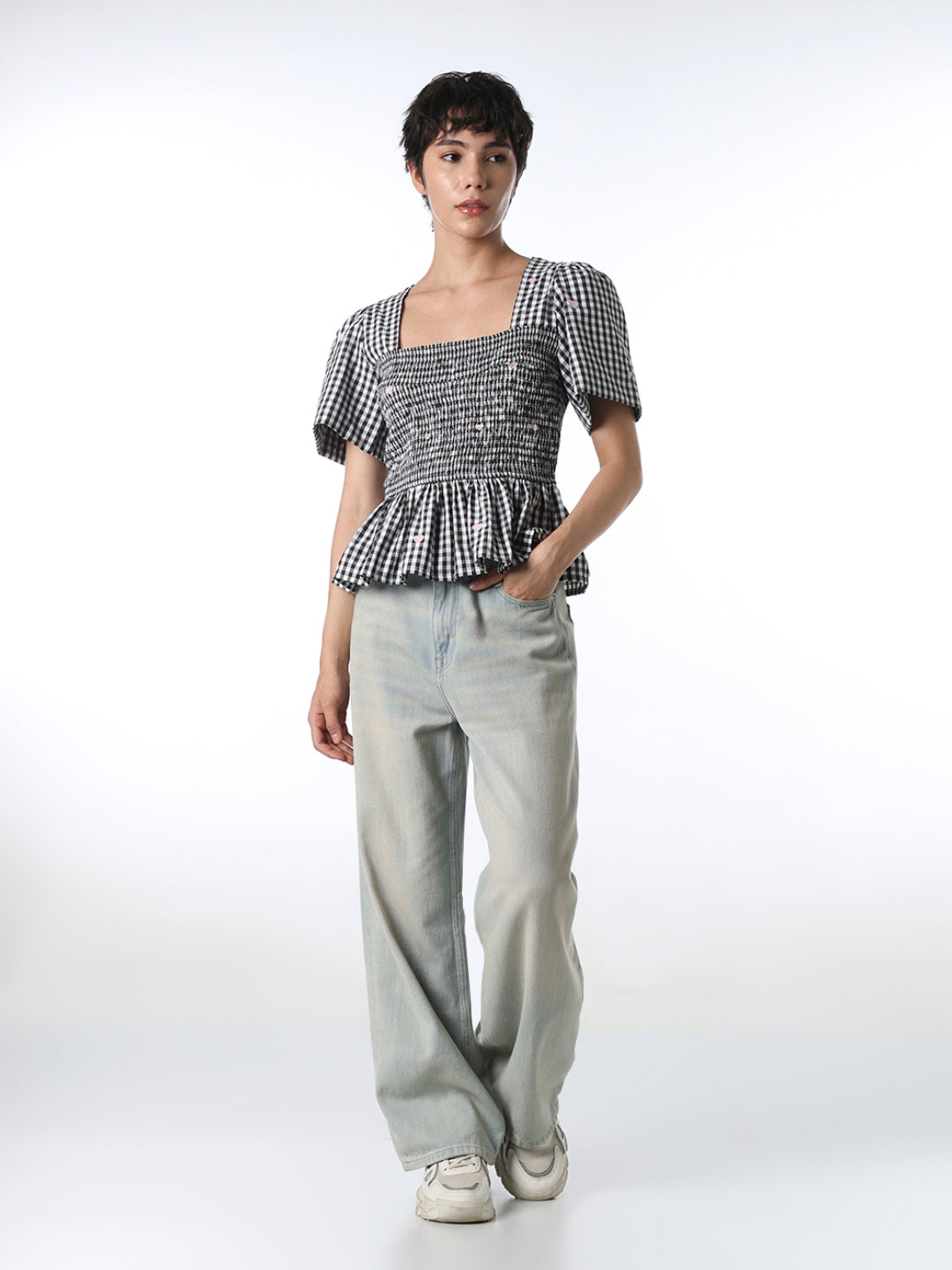 White Smocked Peplum Top