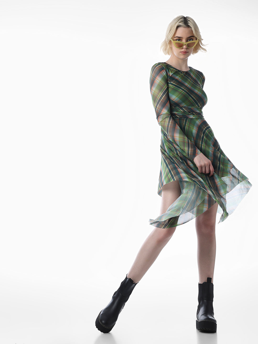 Green Plaid Print Asymmetric Dress