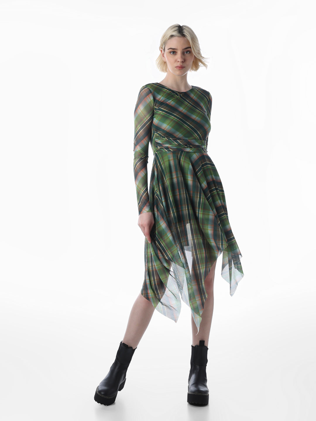 Green Plaid Print Asymmetric Dress