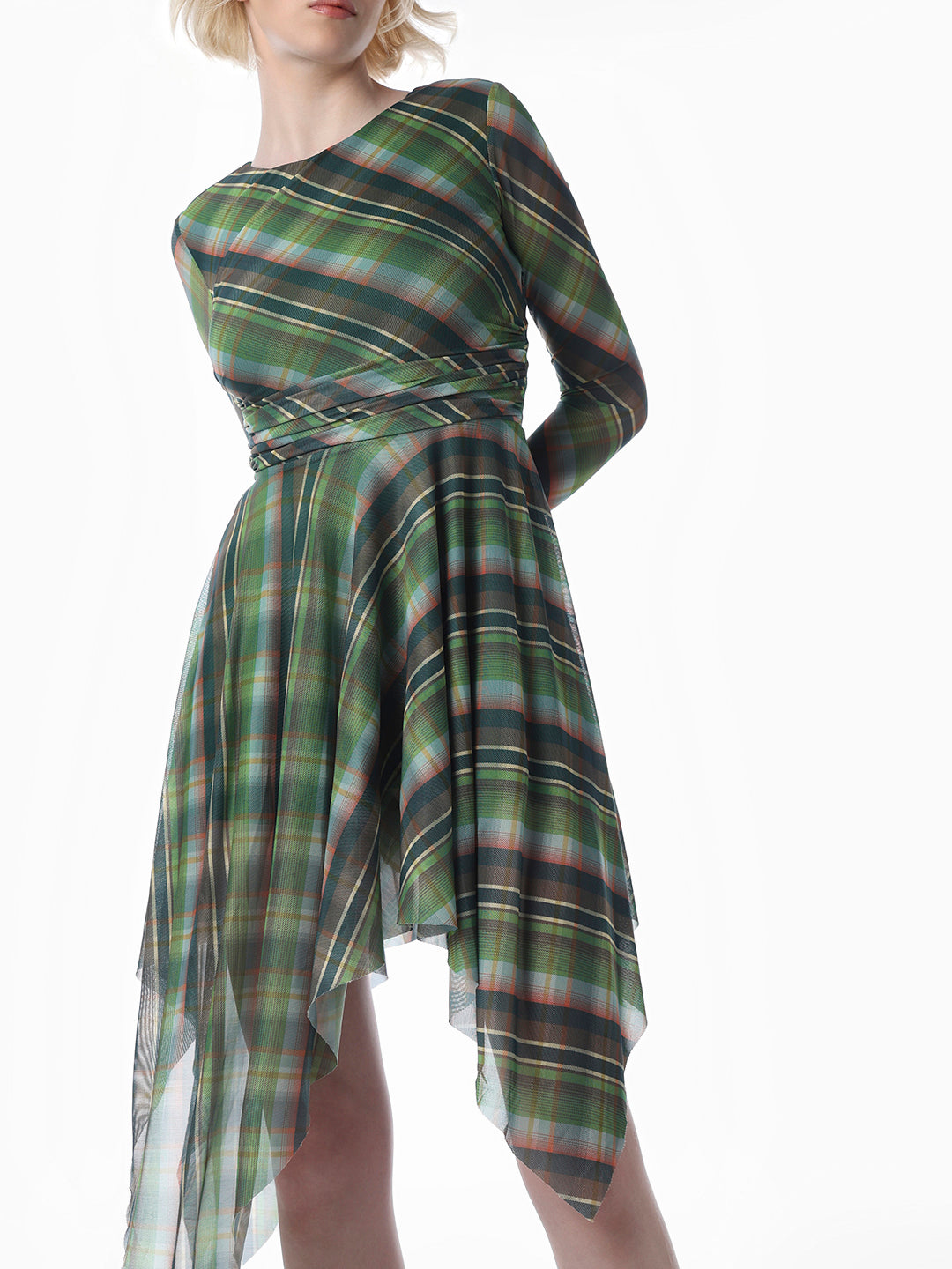 Green Plaid Print Asymmetric Dress