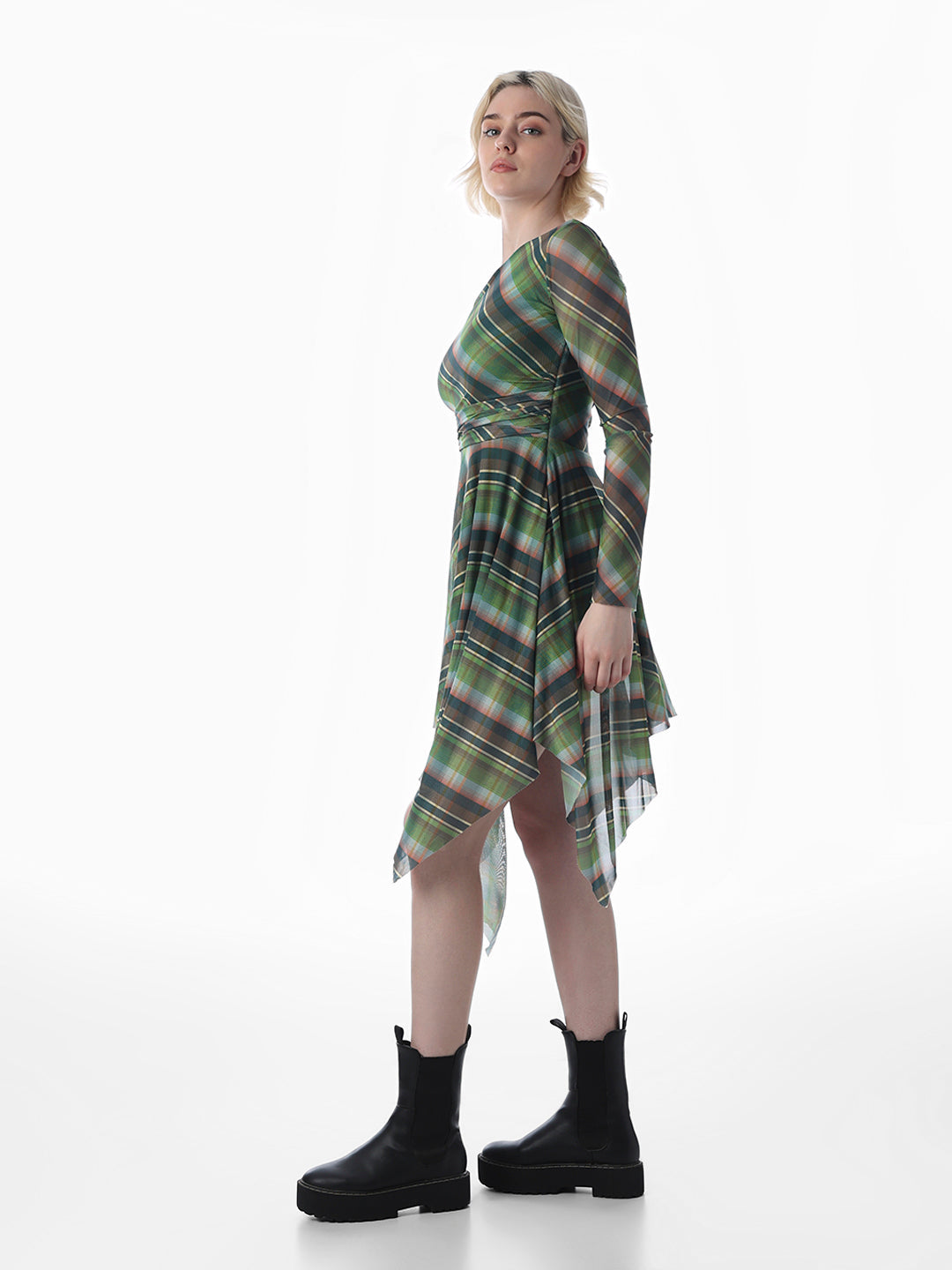 Green Plaid Print Asymmetric Dress