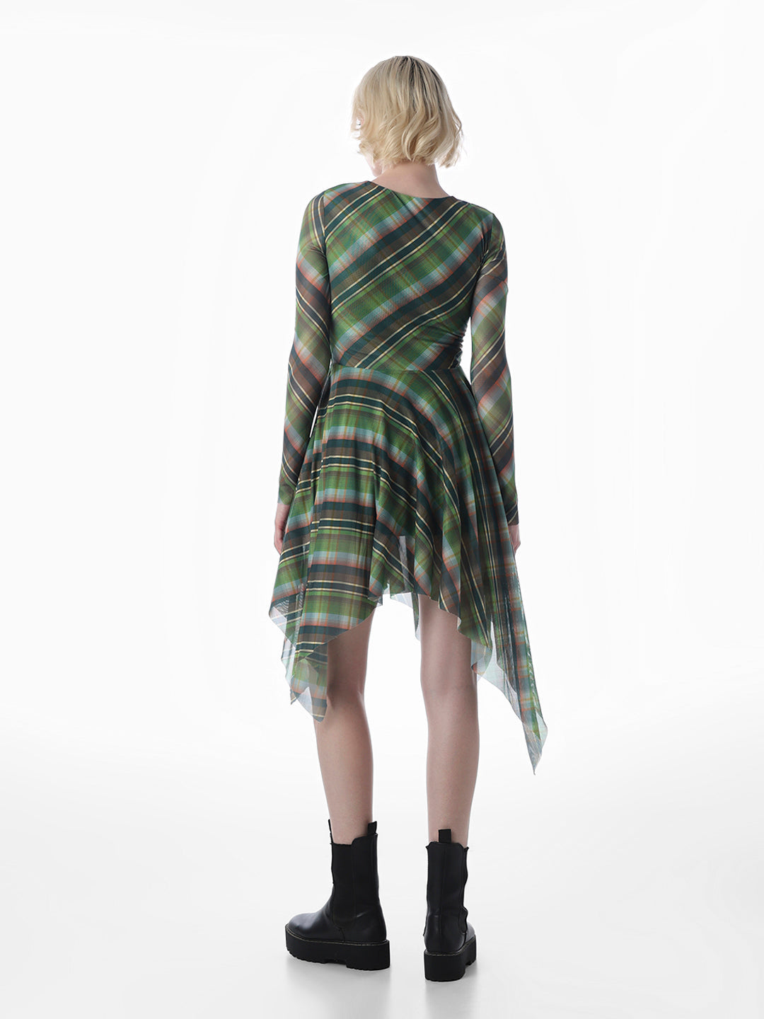 Green Plaid Print Asymmetric Dress