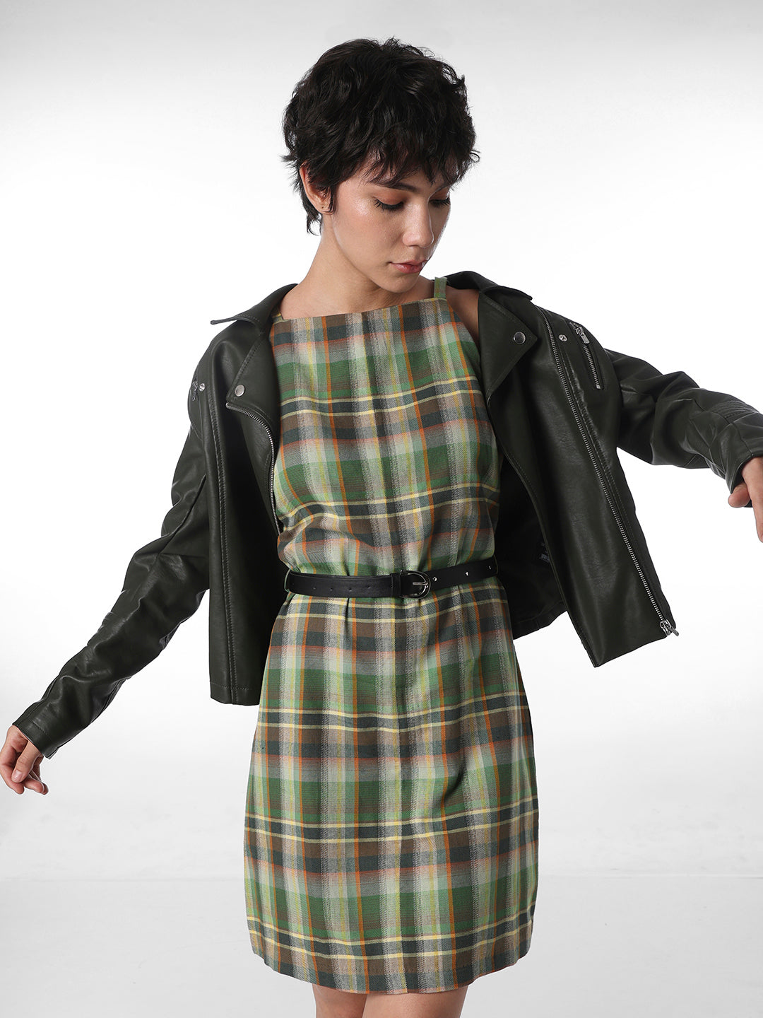 Green Check Belted Short Dress