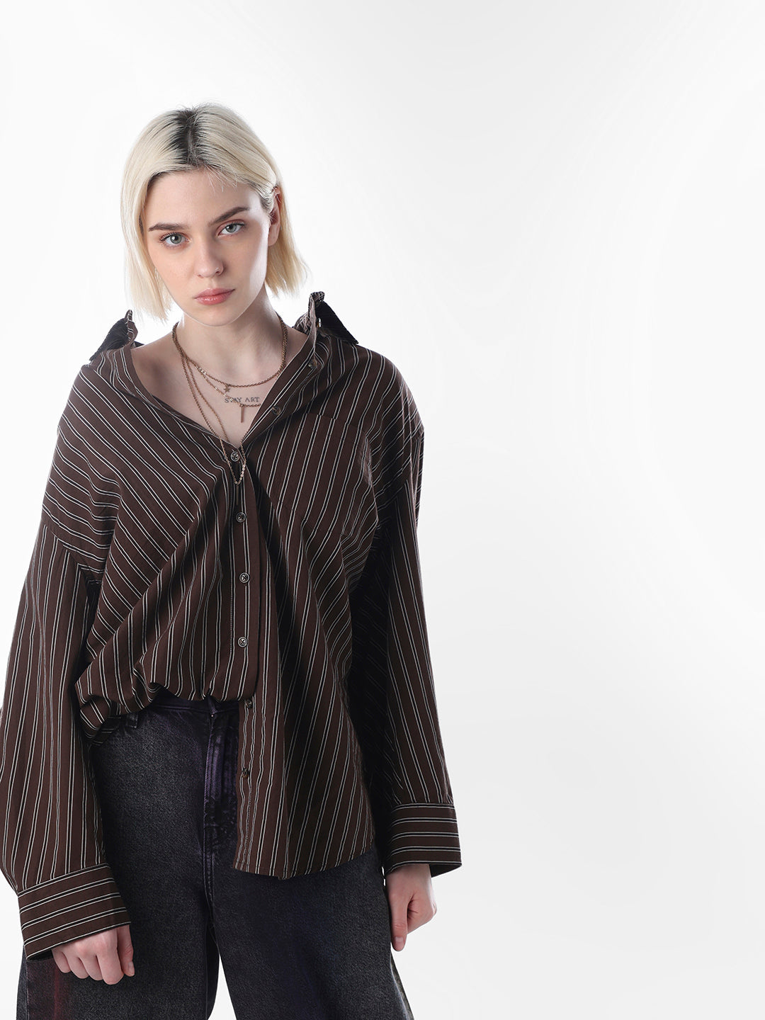 Dark Brown Striped Oversized Shirt