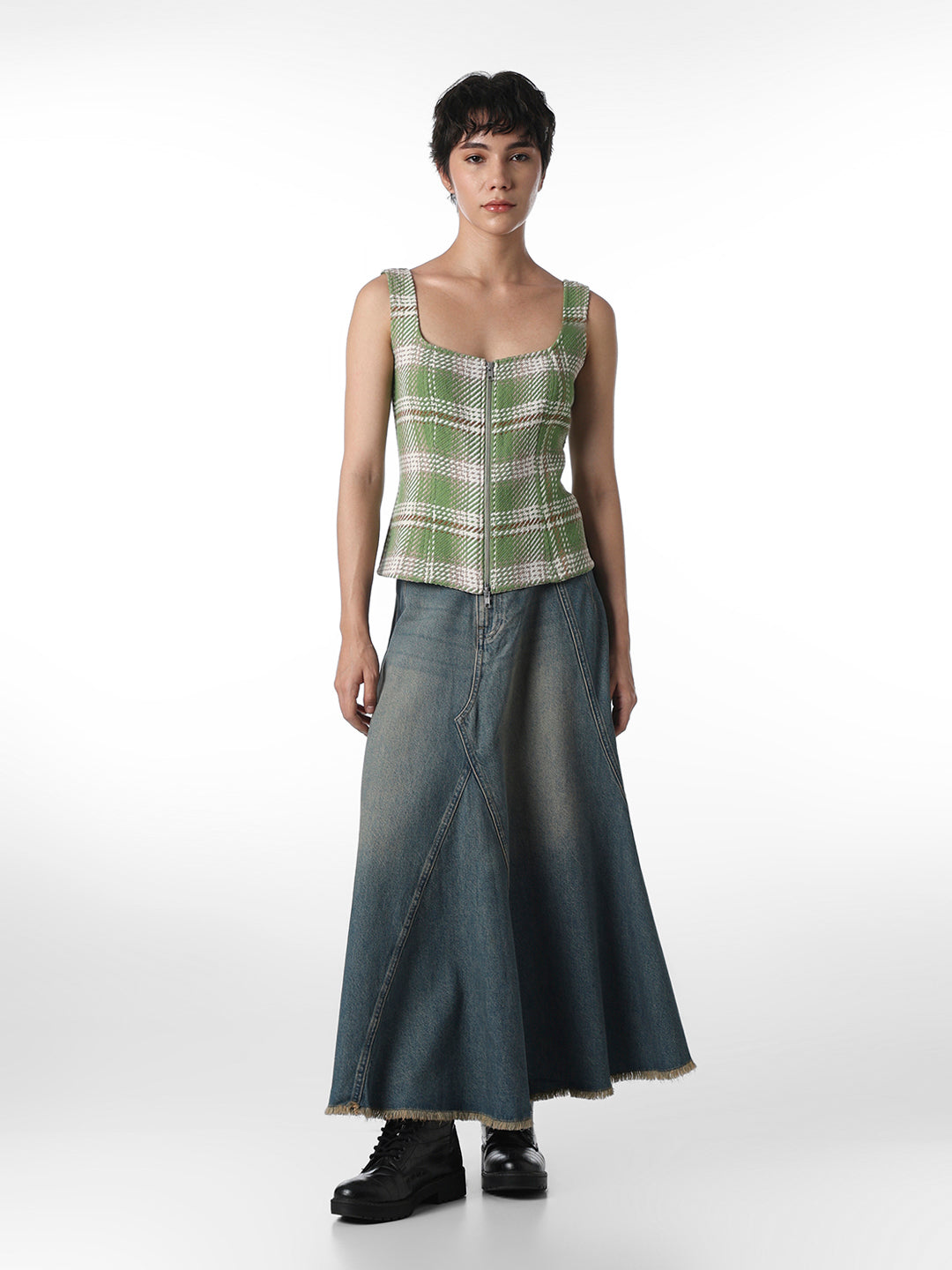 Green Check Textured Waistcoat Top