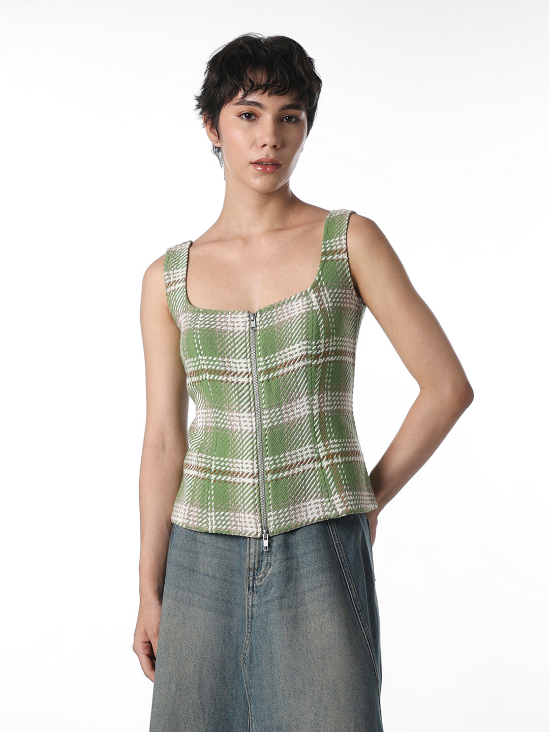 Green Check Textured Waistcoat Top