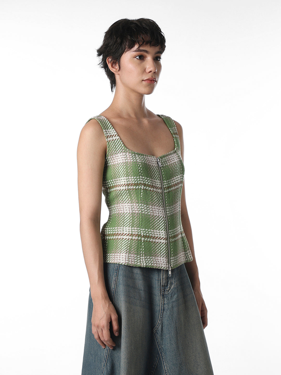 Green Check Textured Waistcoat Top