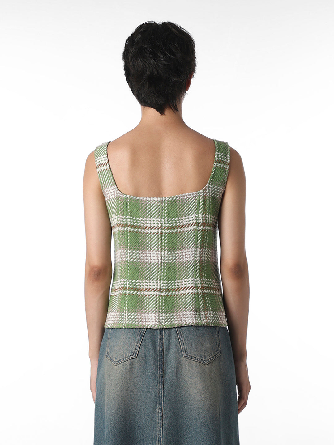 Green Check Textured Waistcoat Top