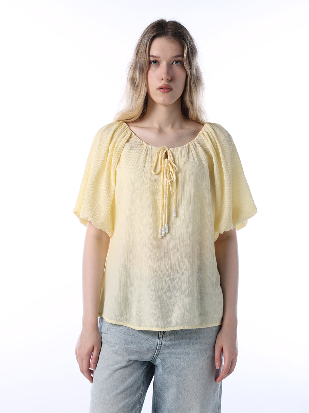 Crinkle Tie-Neck Top - Yellow