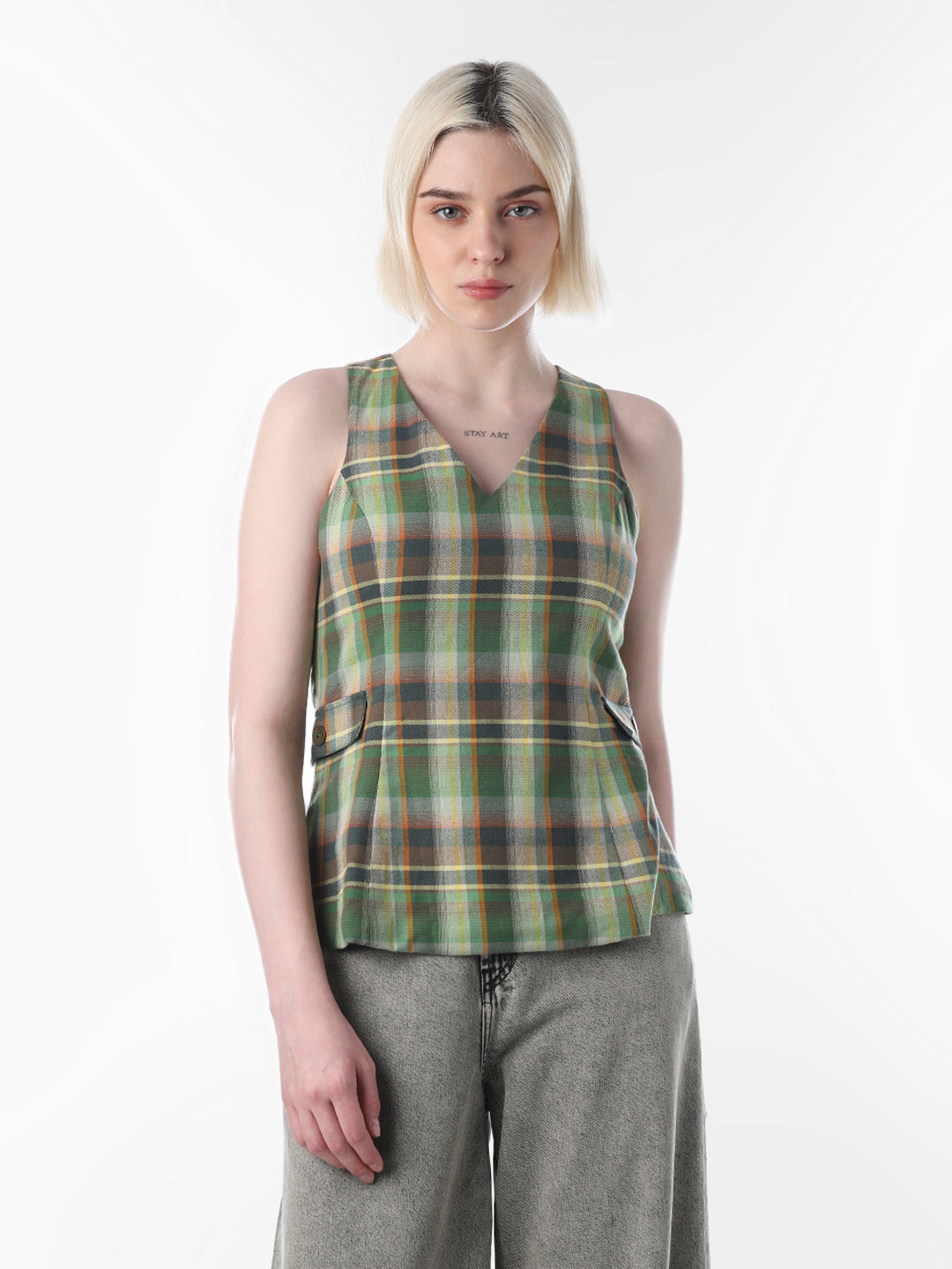 Green Check Peplum Vest Top
