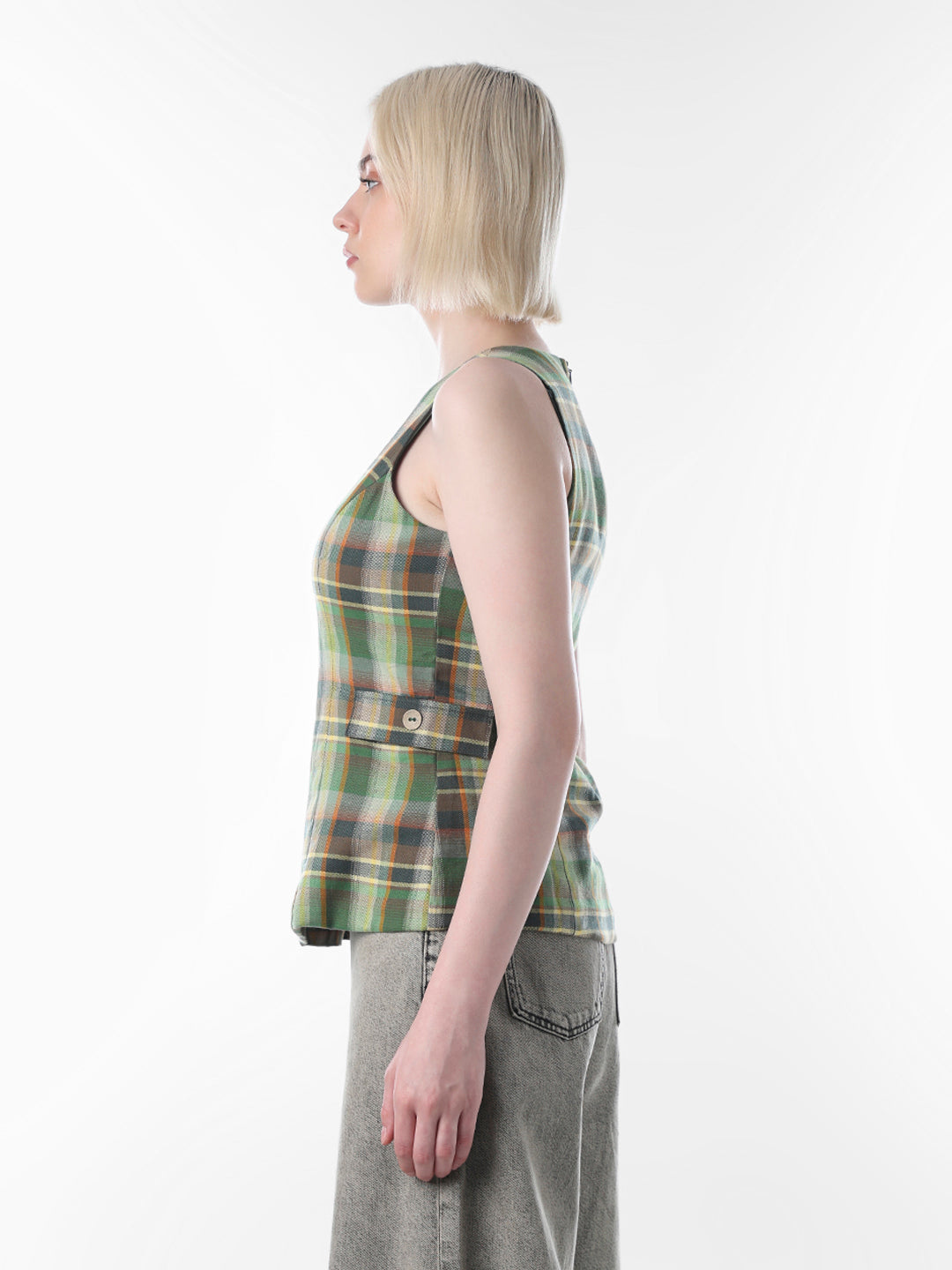 Green Check Peplum Vest Top