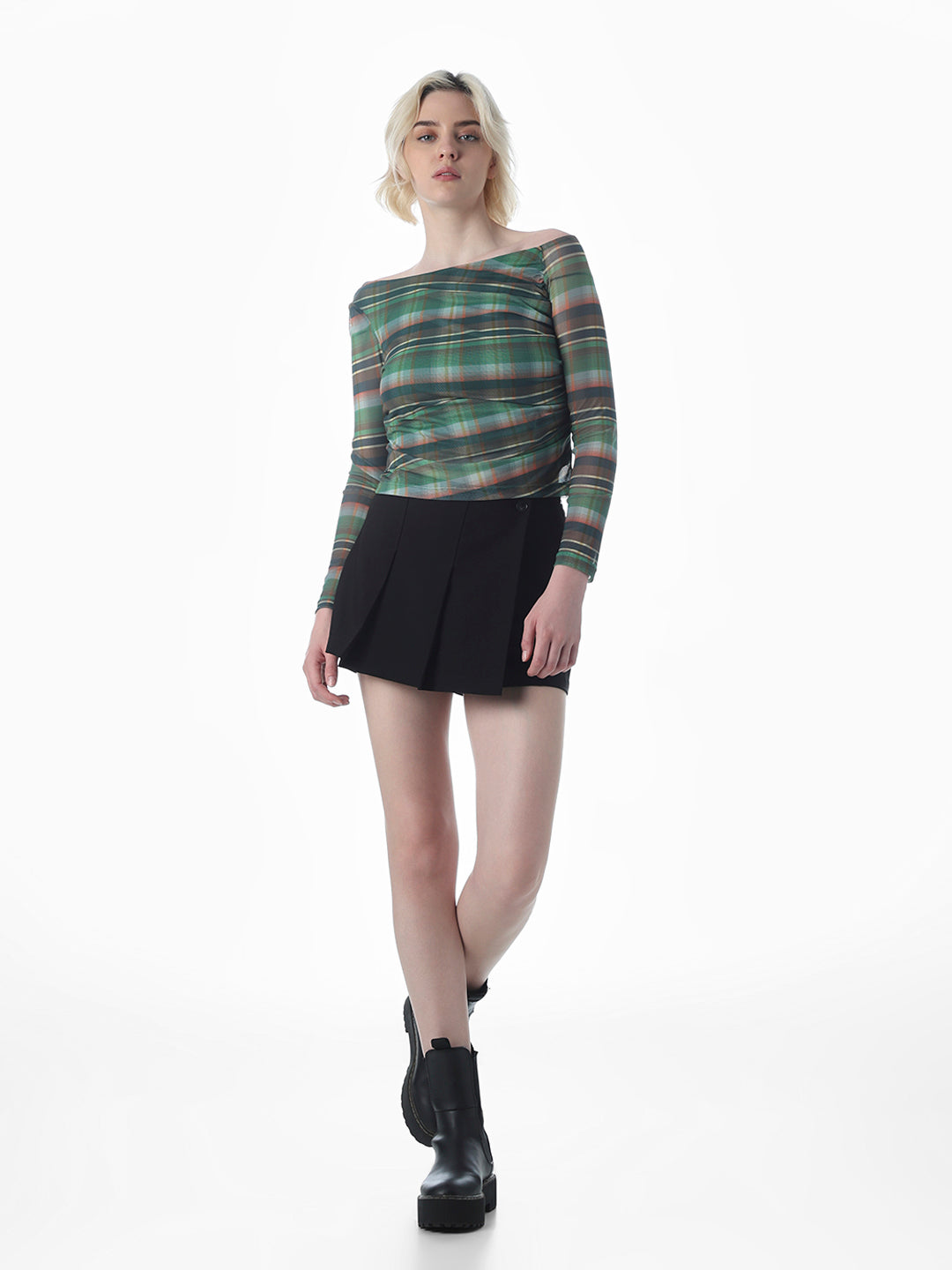 Check Mesh Off-Shoulder Top