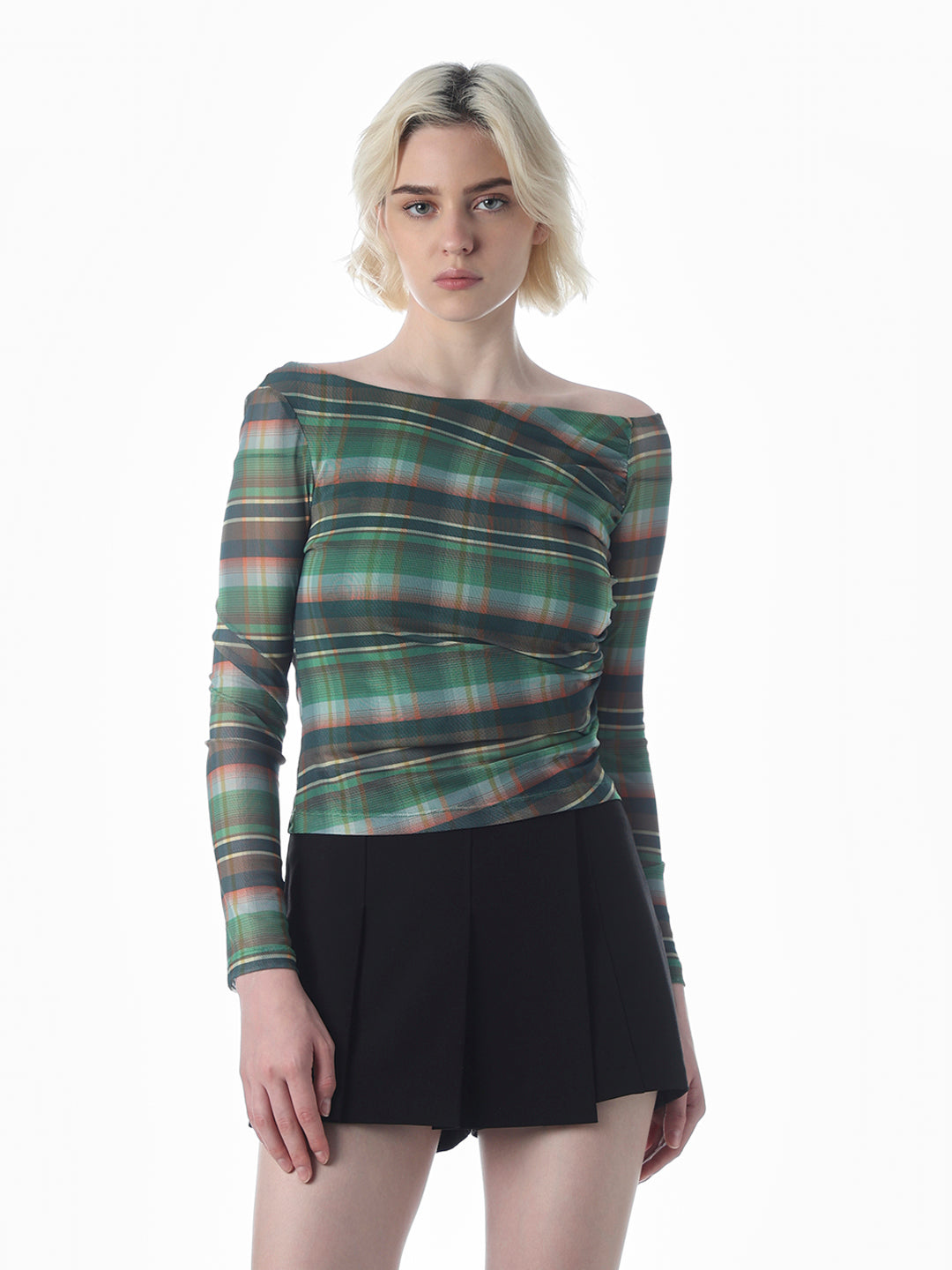 Check Mesh Off-Shoulder Top
