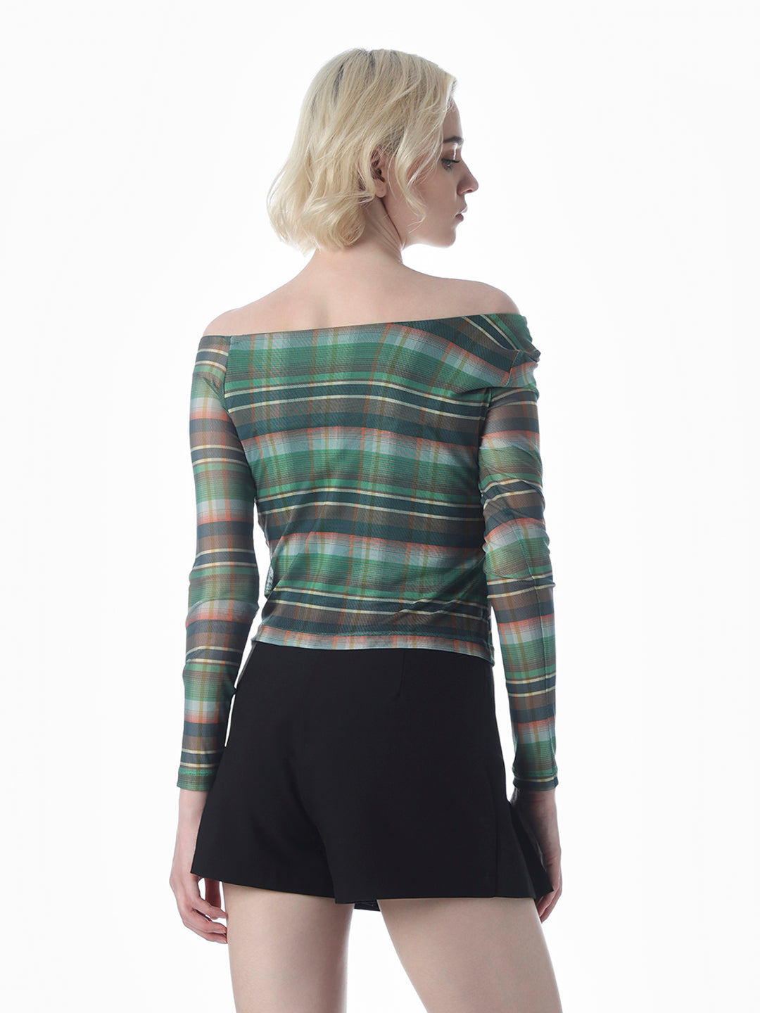 Check Mesh Off-Shoulder Top