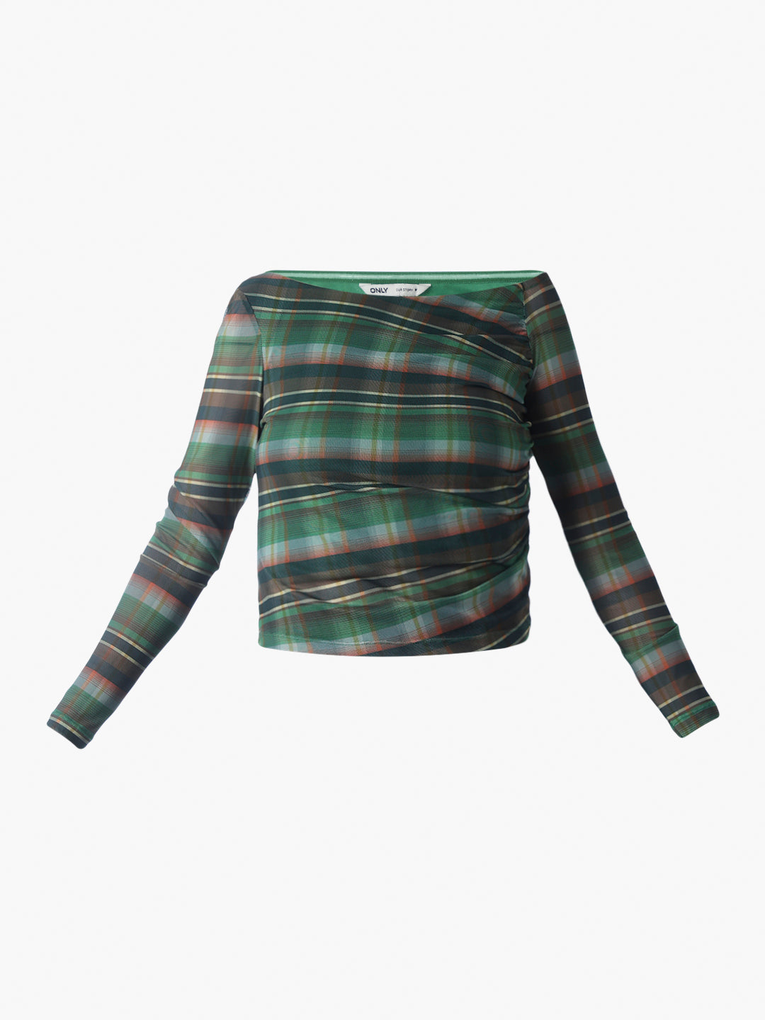 Check Mesh Off-Shoulder Top