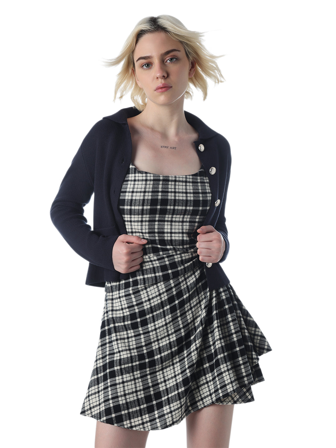 Black Check Scoop Neck Dress