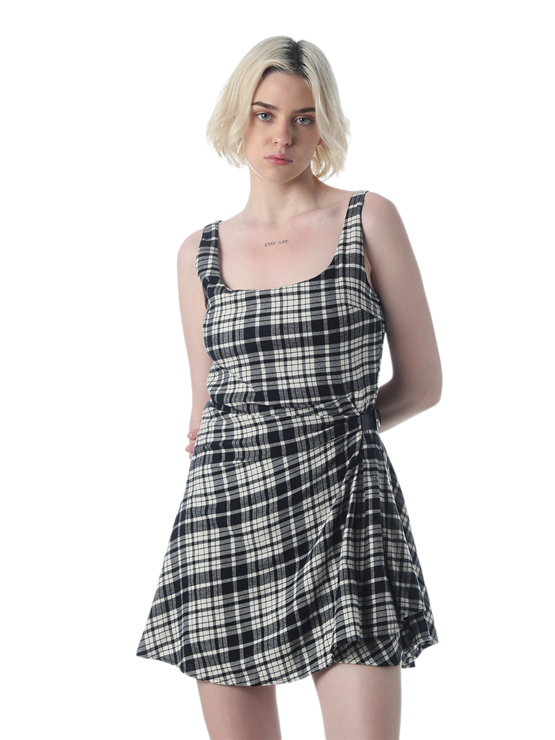 Black Check Scoop Neck Dress