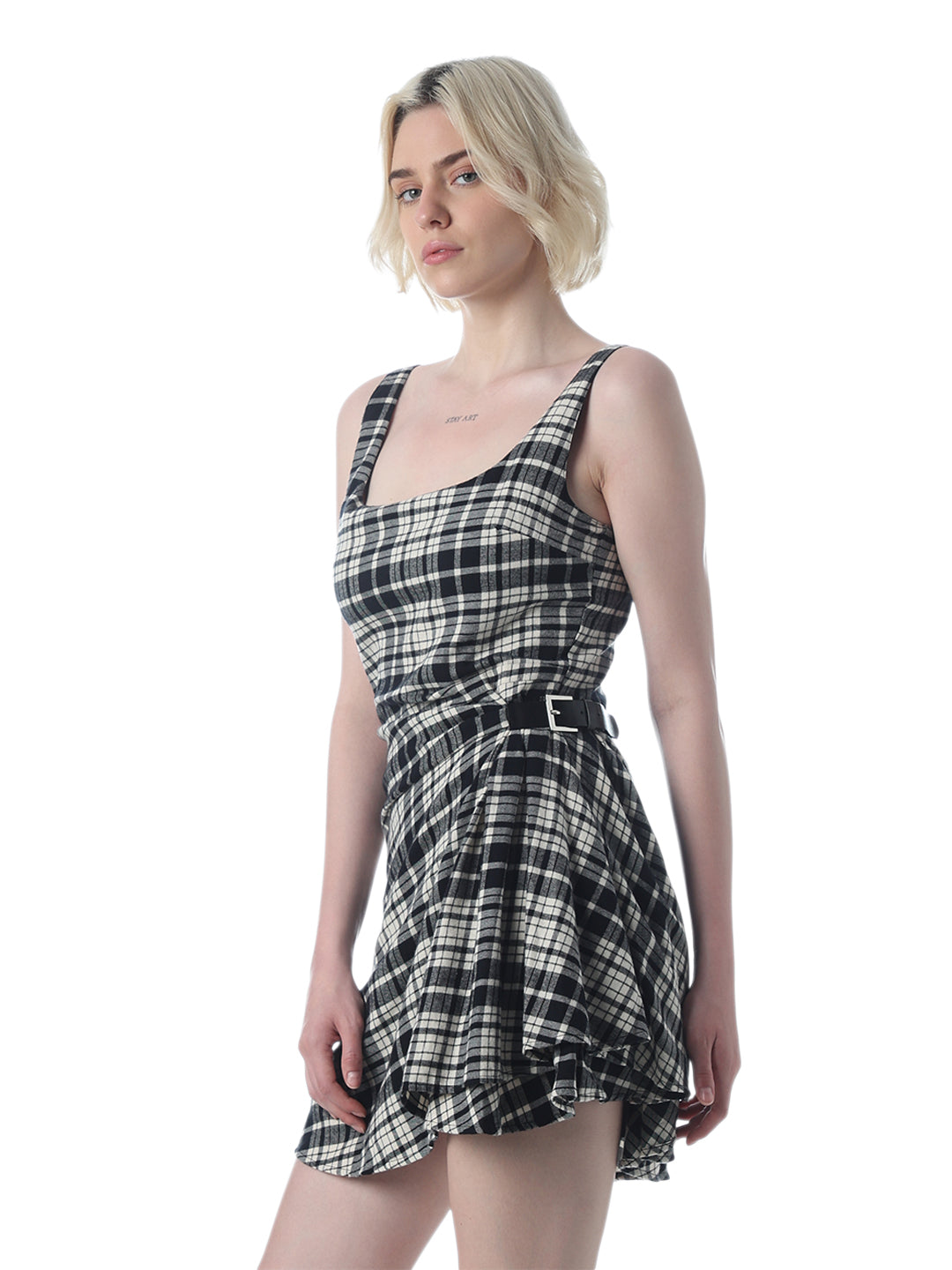 Black Check Scoop Neck Dress
