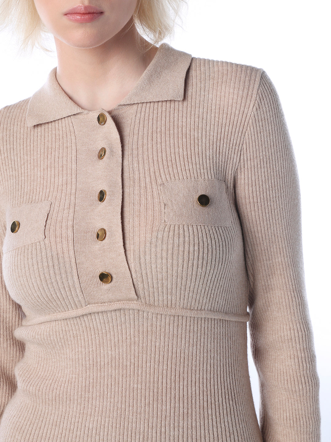 Beige Knitted Polo Dress