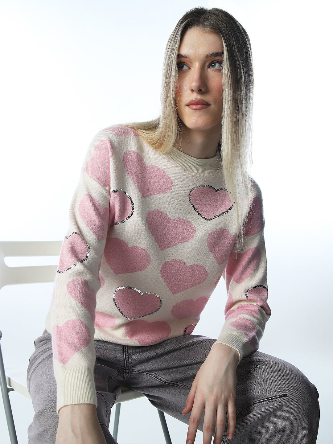 Heart Print Embellished Pullover