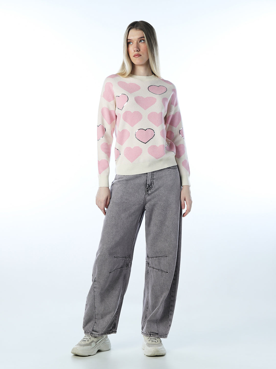 Heart Print Embellished Pullover