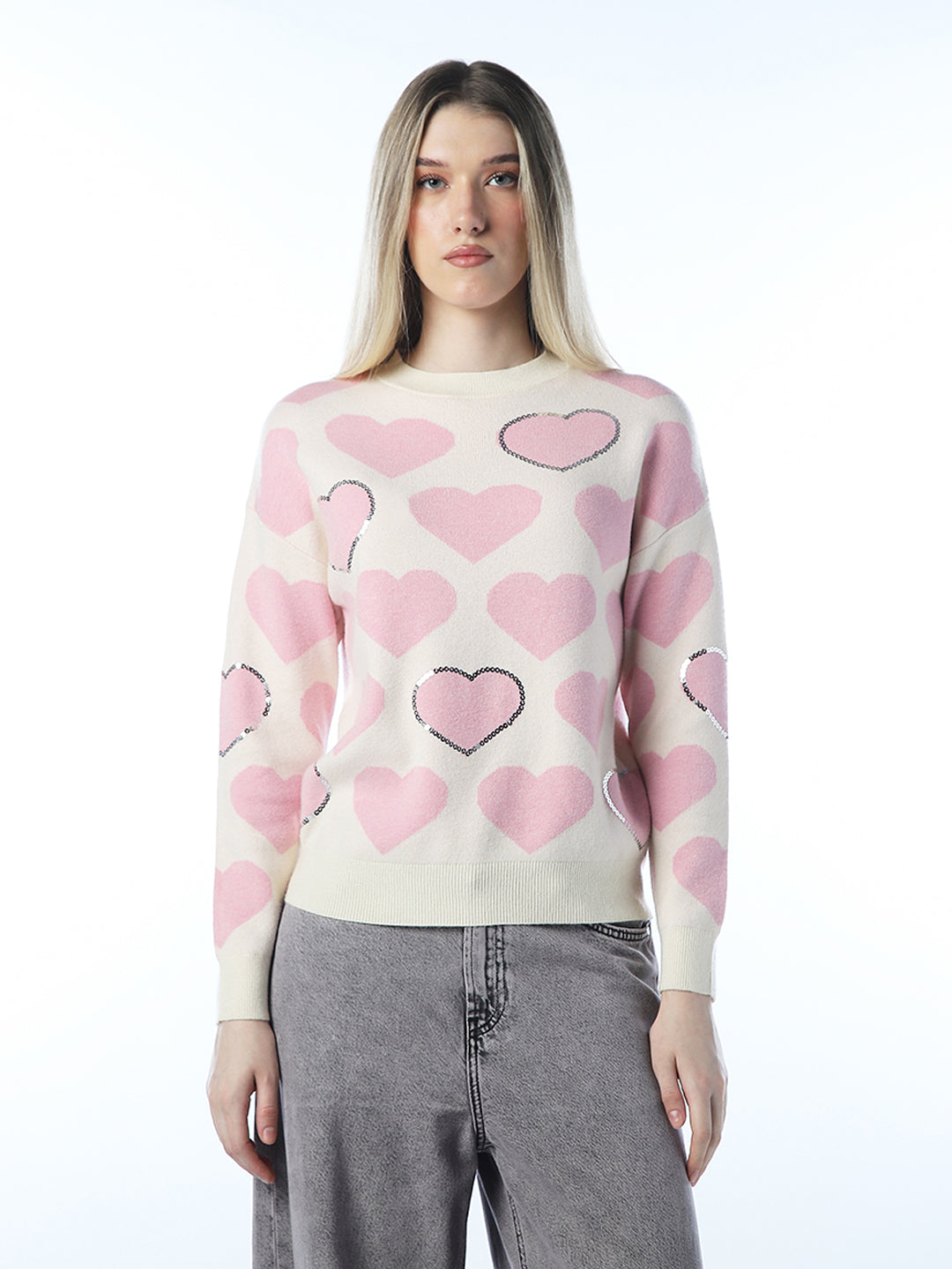 Heart Print Embellished Pullover