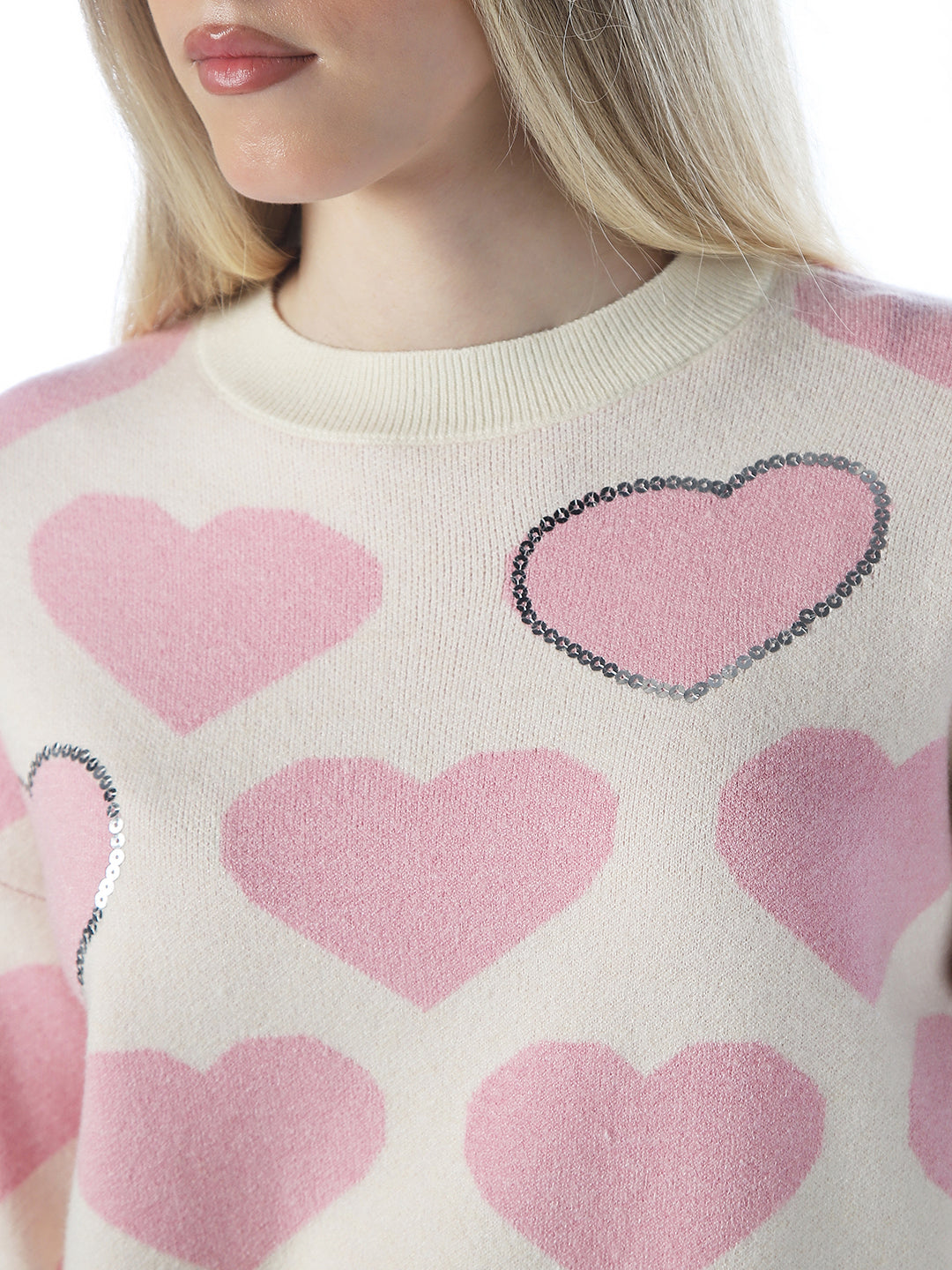 Heart Print Embellished Pullover