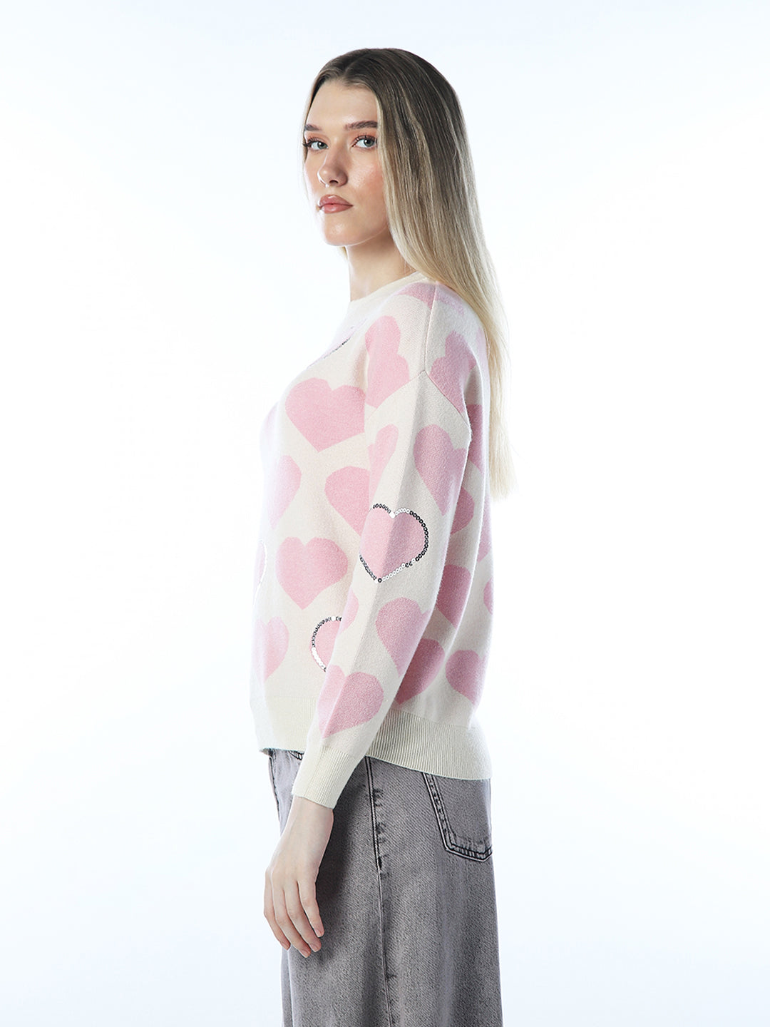 Heart Print Embellished Pullover