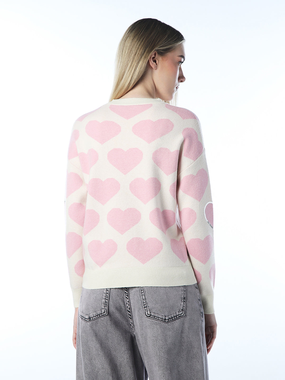Heart Print Embellished Pullover