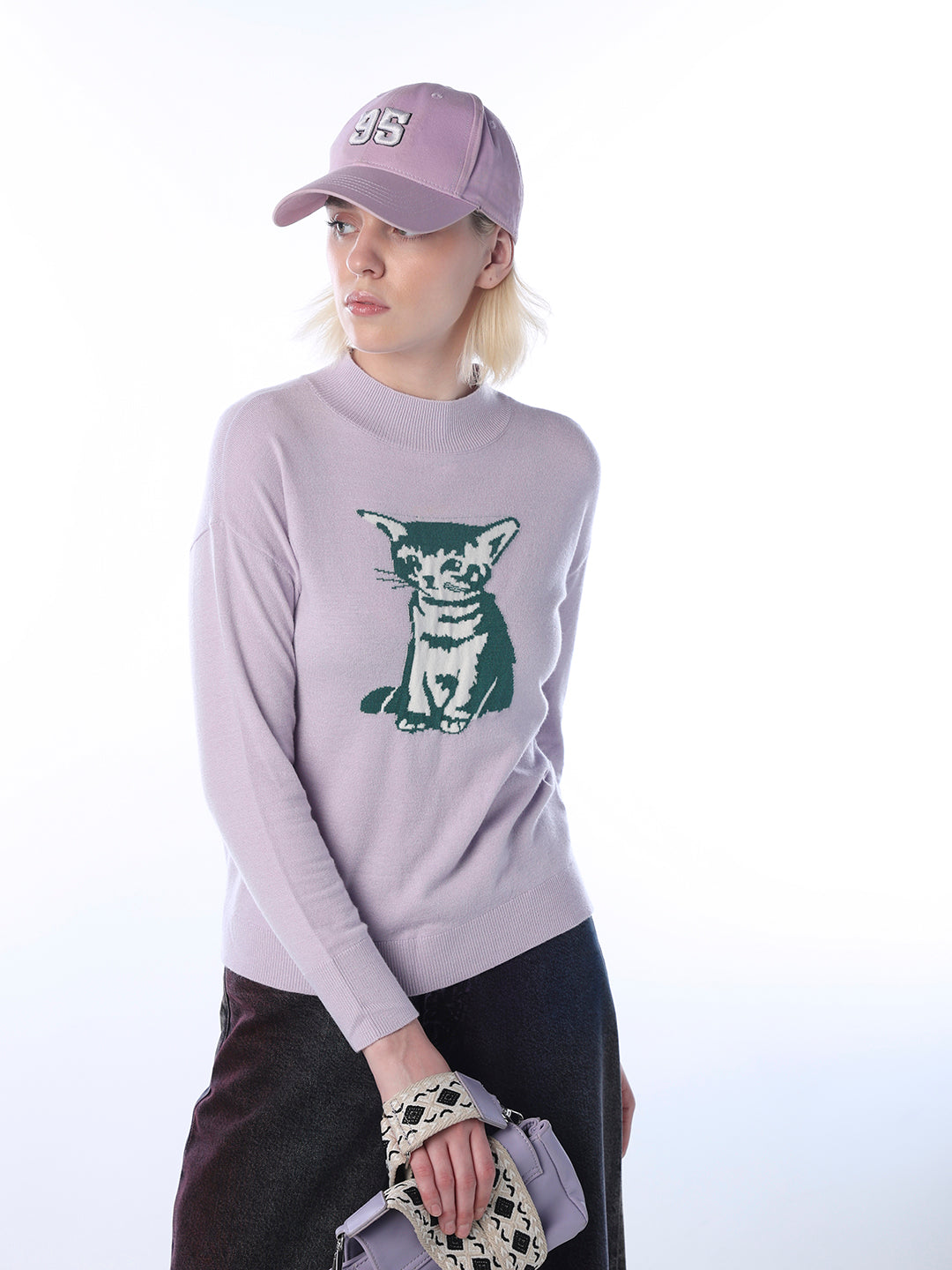 Fine-Knit Cat Printed Pullover