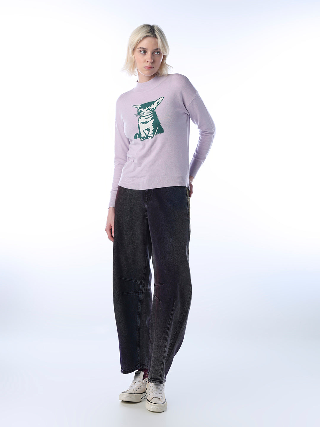 Fine-Knit Cat Printed Pullover