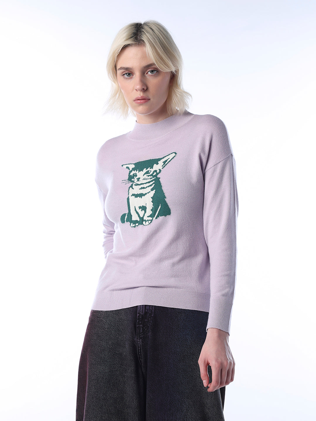 Fine-Knit Cat Printed Pullover